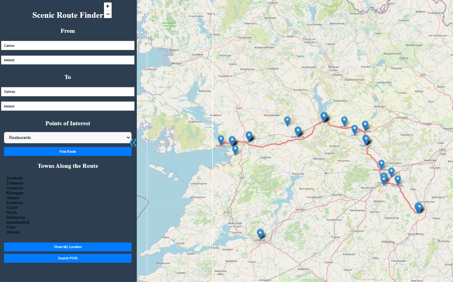Map showing route with POIs and towns