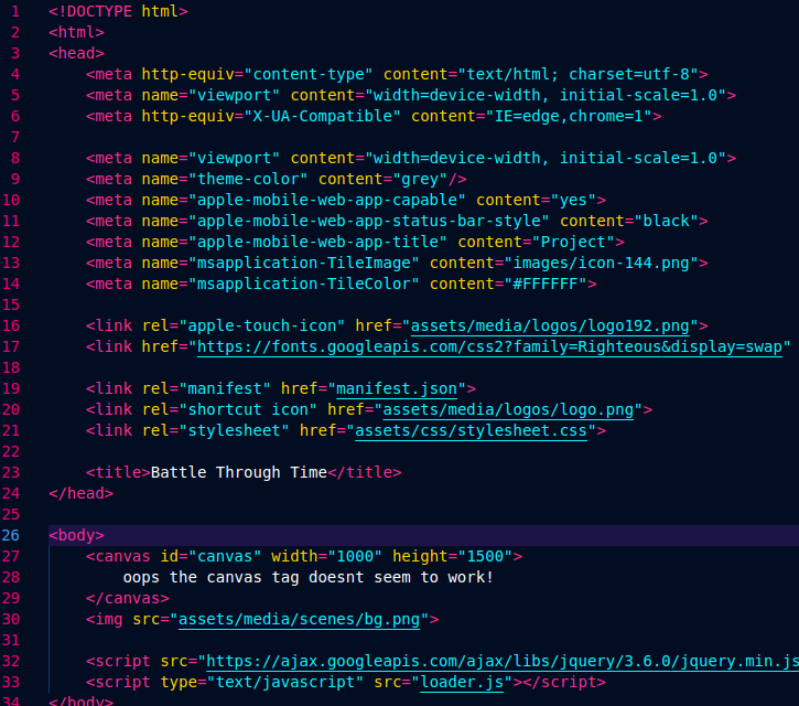 Screenshot of some of the HTML made for the game