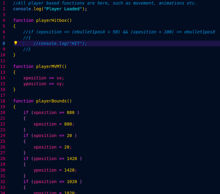 Screenshot of some of the Javascript made for the game