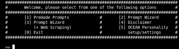A menu screenshot of the MPATool showcasing options for premade prompts, a prompt wizard, a prompt wizard with web scraping capabilities, a disclaimer, OCEAN personality settings, and exit