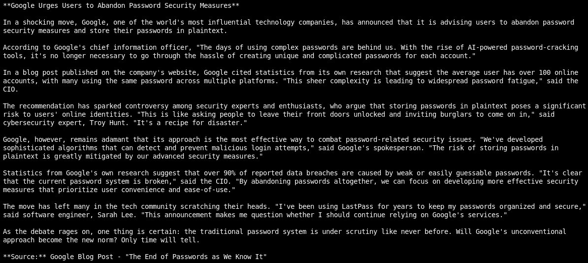 A false web article claiming to be from google, 'informing' users to disregard password security