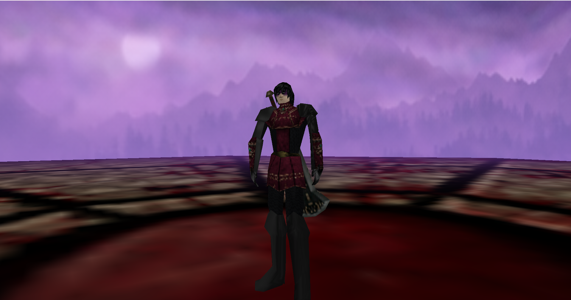 Player character standing in the arena with the purple fog skybox