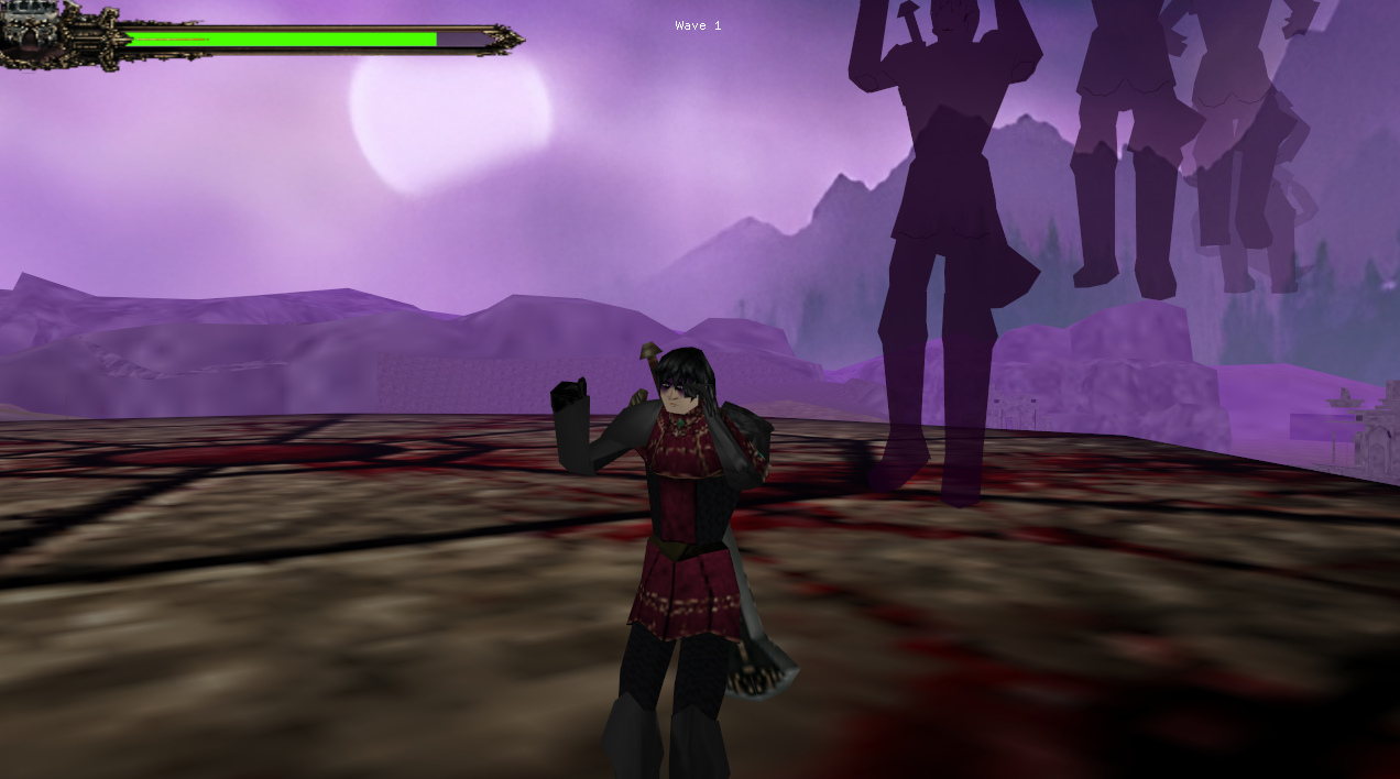 Wave 1 start, health bar visible, enemy shadows in background