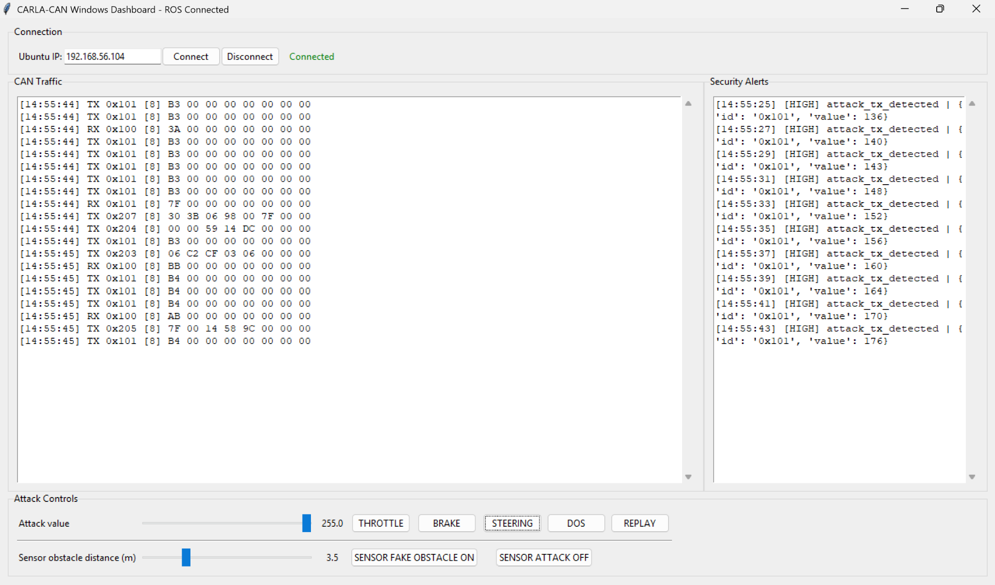 Dashboard screenshot showing CAN traffic, IDS alerts and attack controls