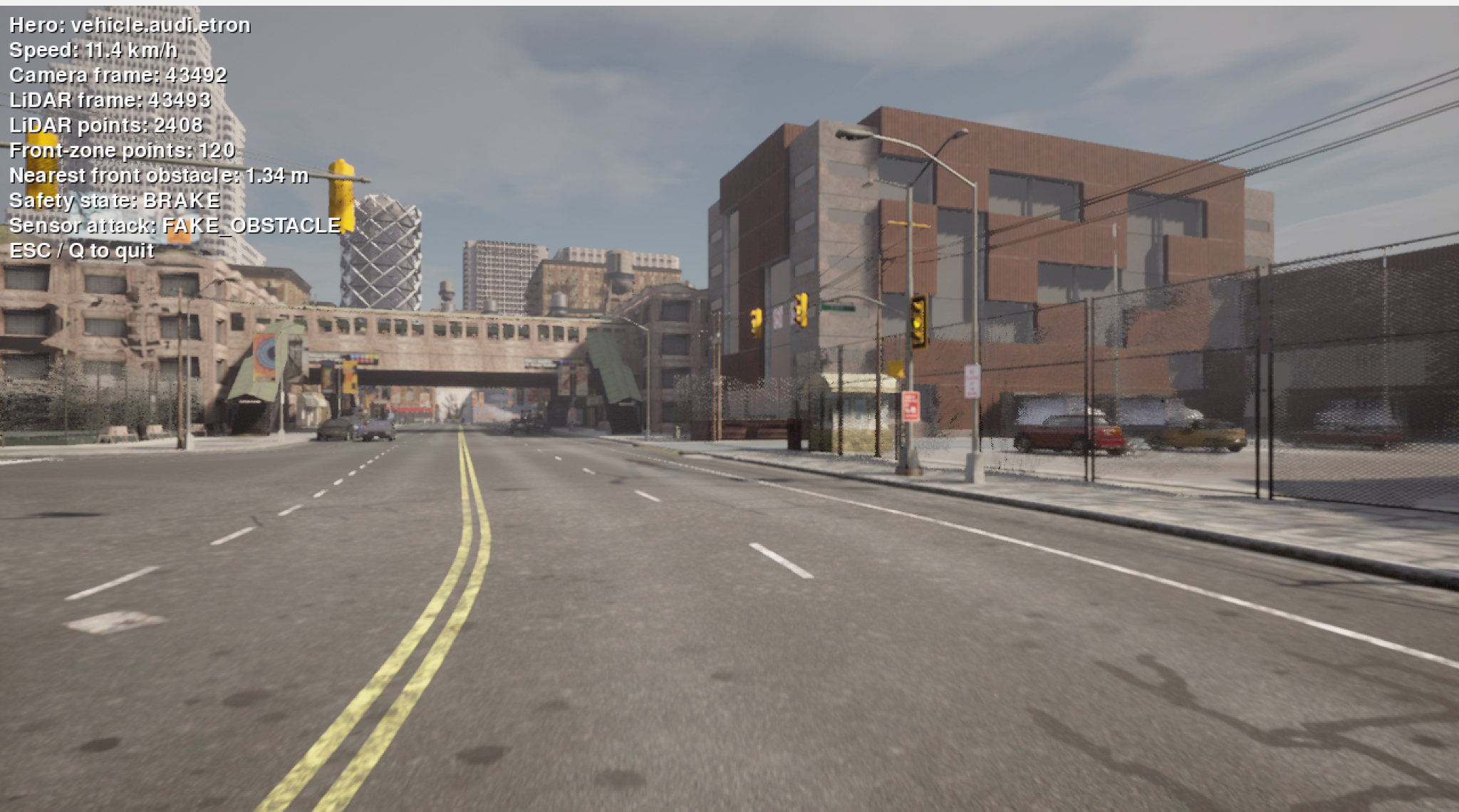 Sensor attack screenshot showing LiDAR safety state in BRAKE mode