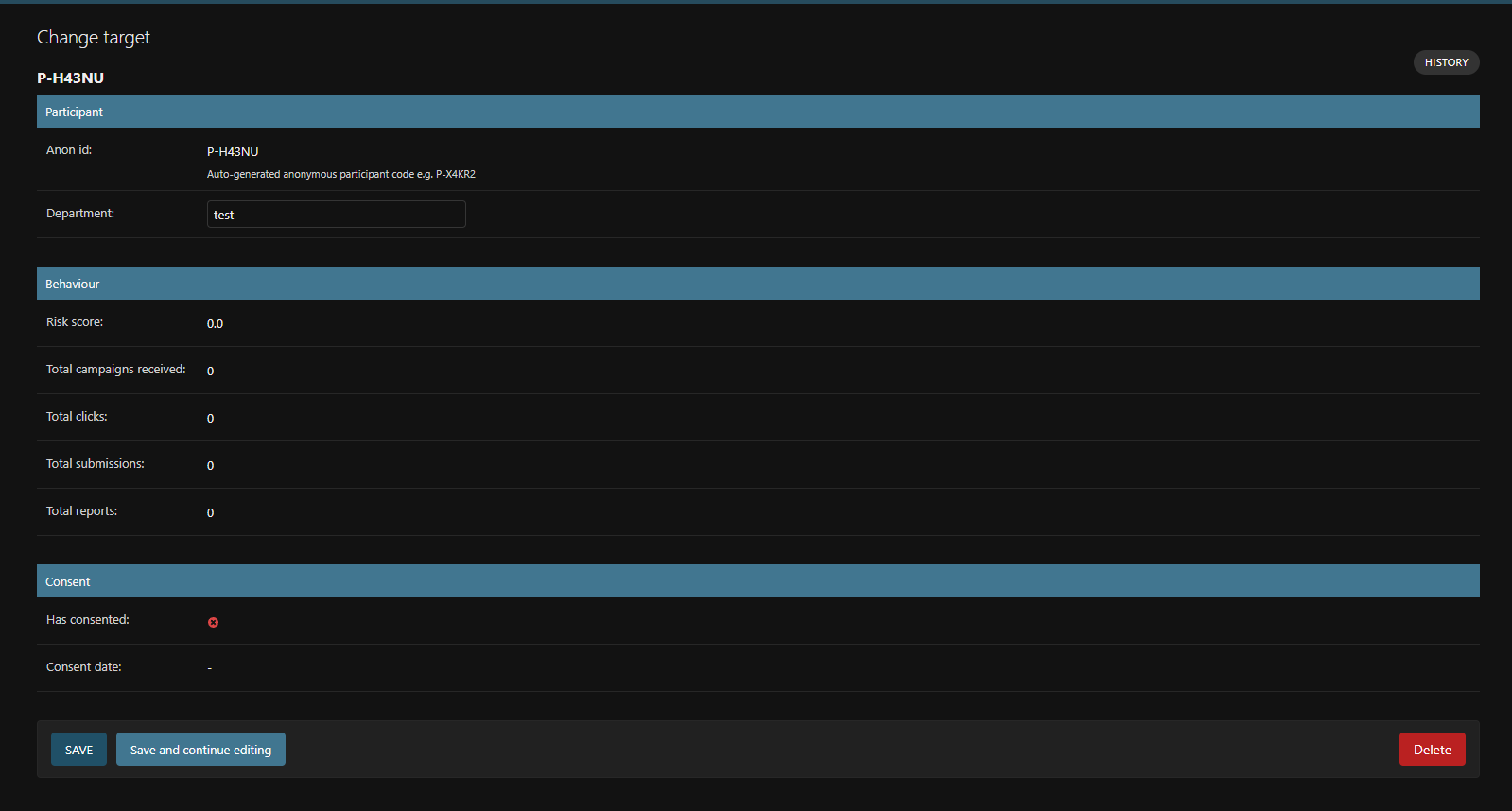 Anonymised target list showing P-XXXXX codes and departments only