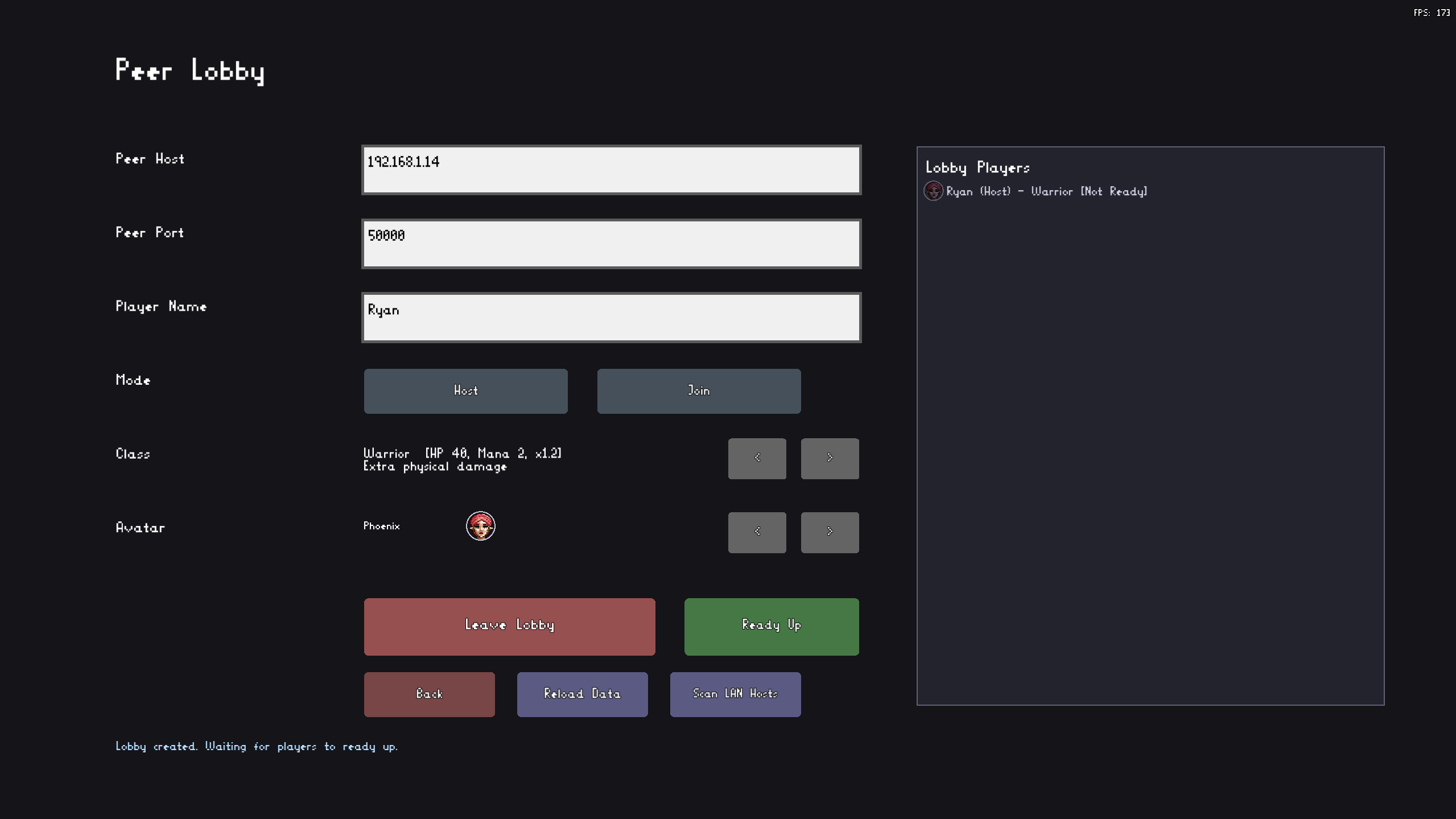 Multiplayer lobby screen