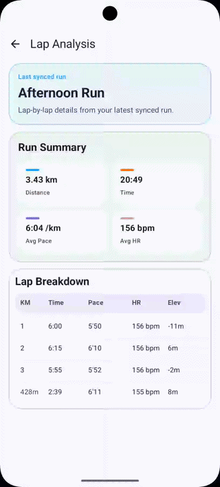 Lap analysis screen
