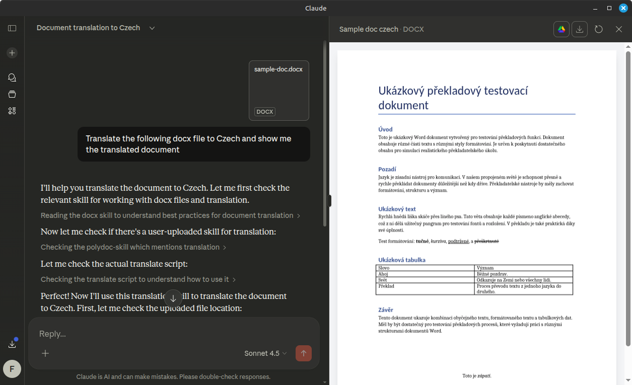 Claude Desktop using the Polydoc skill to translate a document to Czech