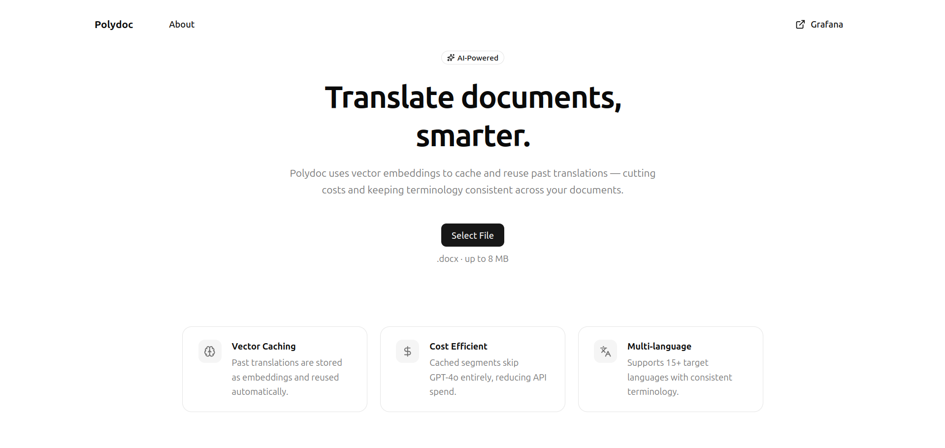 Polydoc homepage — upload a document and select a language