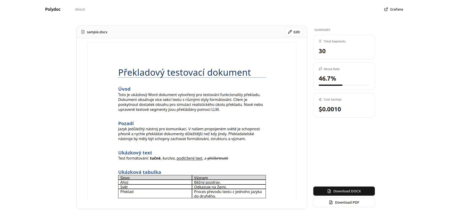 Polydoc translation result — translated document with reuse rate summary