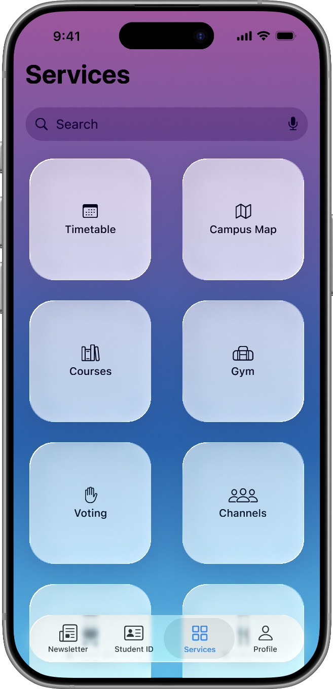 Mockup of the services screen showing services