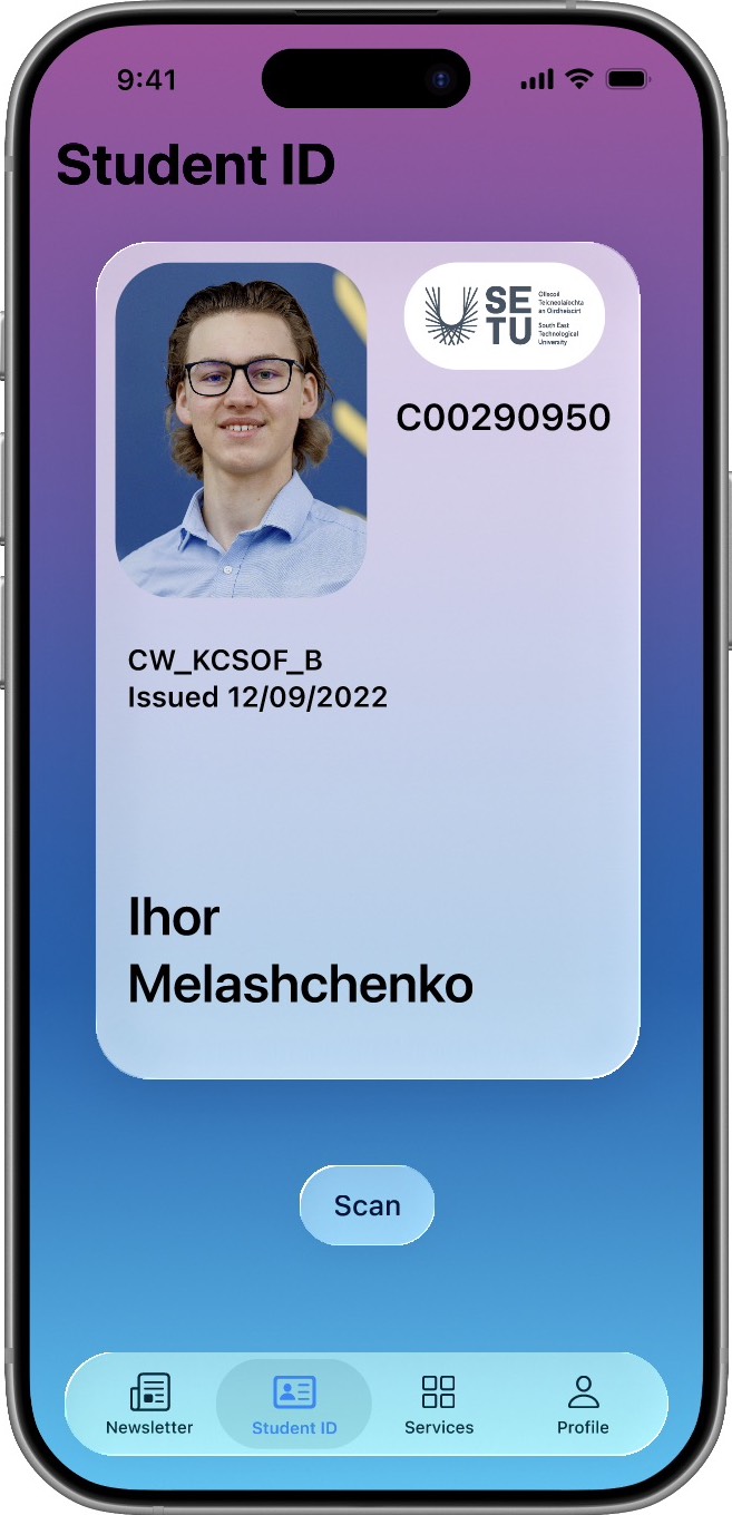 Mockup of the digital student ID screen front