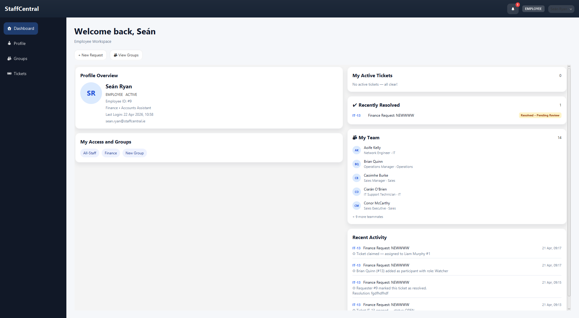 Employee dashboard showing profile overview, groups and team