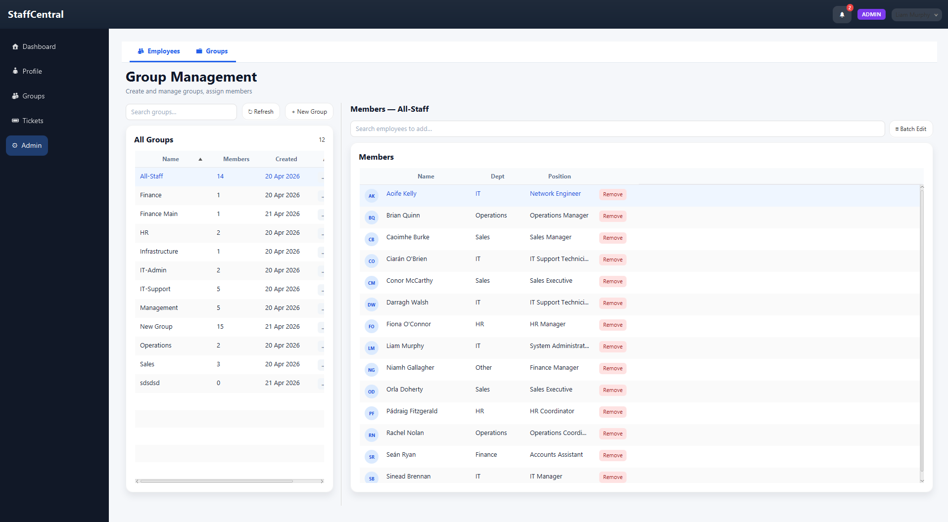 Group management showing group list and member assignment