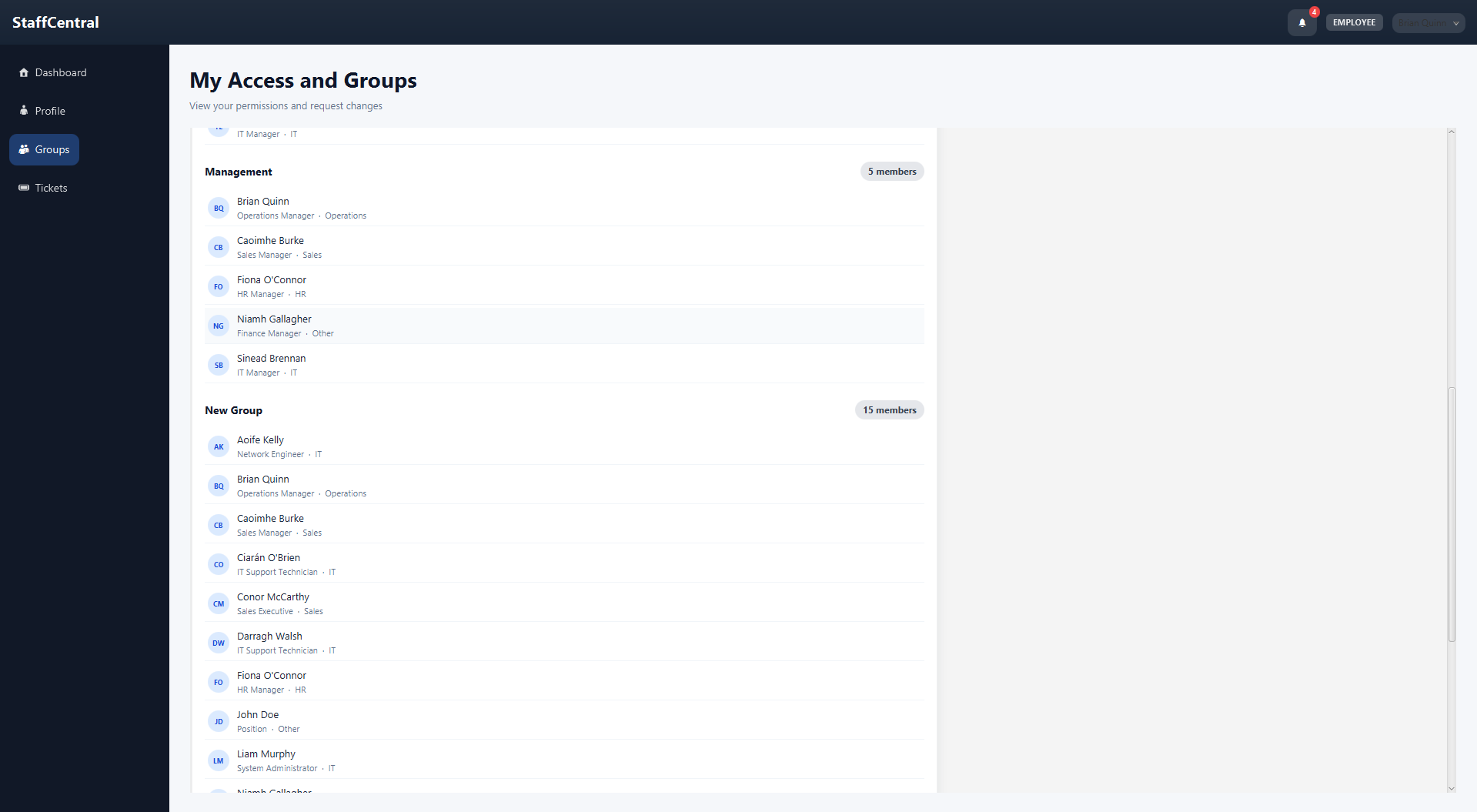 Groups tab showing group memberships