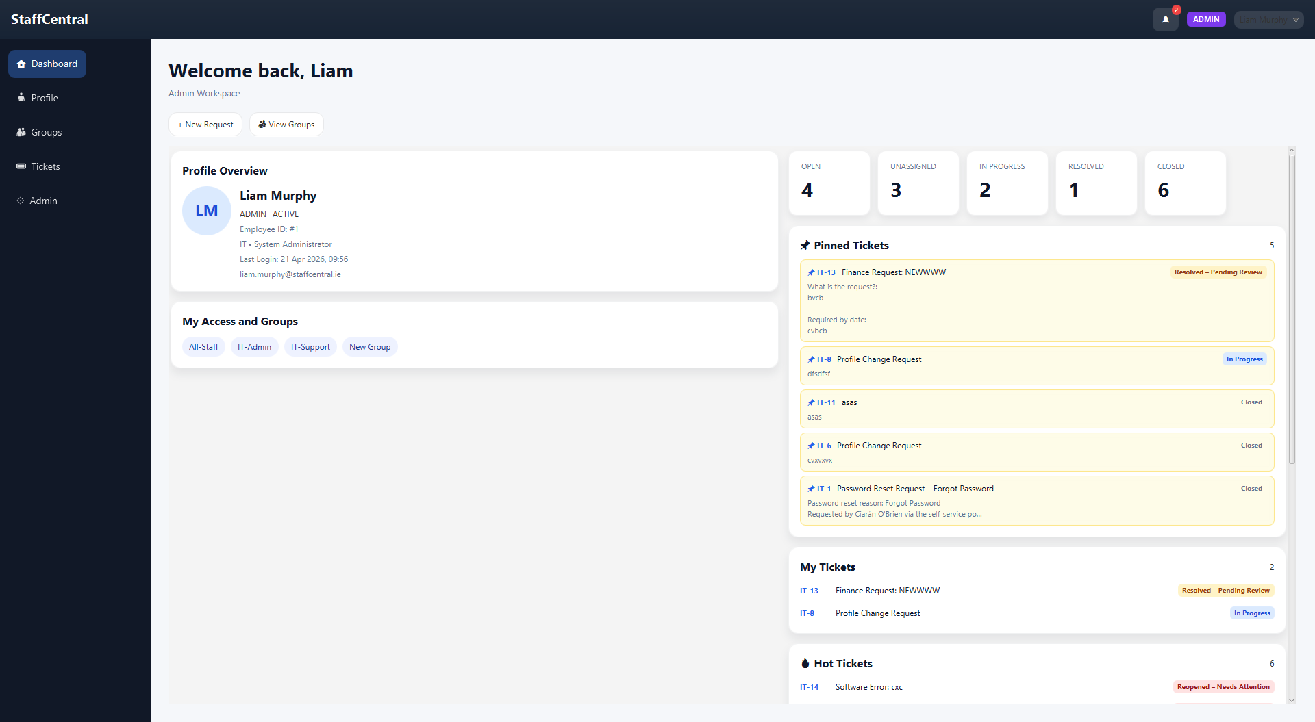 StaffCentral admin dashboard