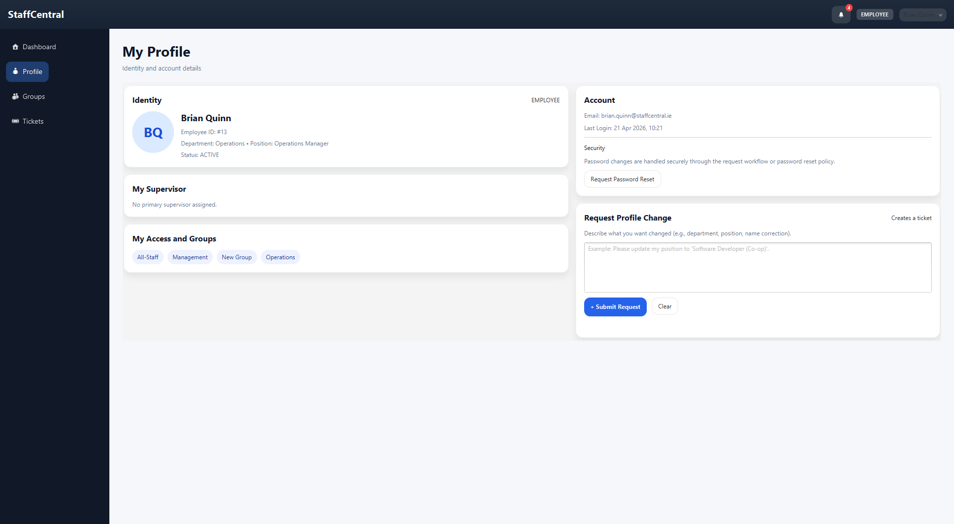 Profile tab showing employee details and account info